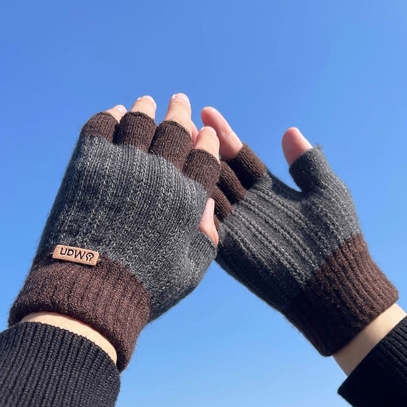 半指手套男露指冬季骑行加厚毛线漏指头学生写字针织保暖半截无指