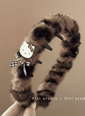 初秋甜酷辣妹KT猫咪发箍时尚毛绒豹纹箍高颅顶带齿发卡蓬松神器饰