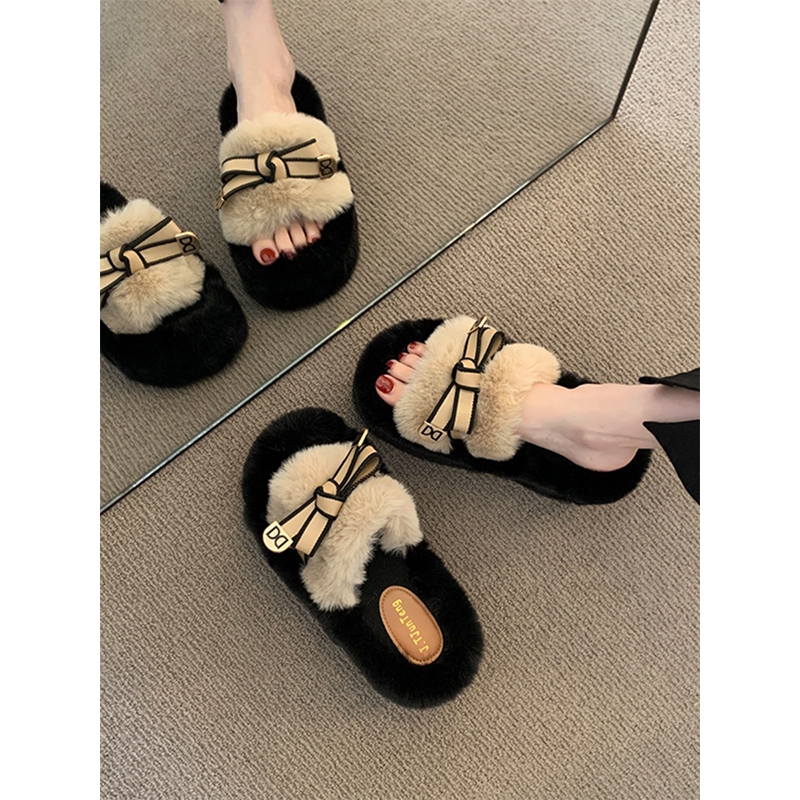 增高7cm小个子毛毛棉拖鞋女2025秋冬新款蝴蝶结百搭网红居家外穿