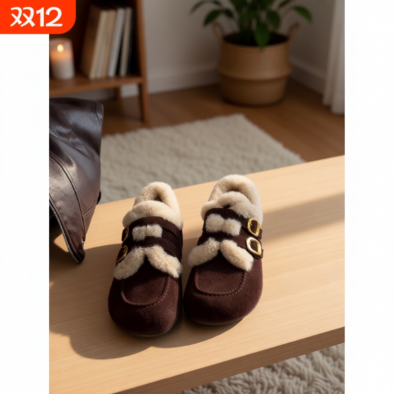 羊皮~2025秋冬新款真皮加绒保暖毛毛厚底内增高勃肯鞋女黑色皮面