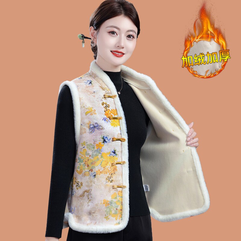 新中式妈妈秋冬加绒盘扣马甲中老年奶奶冬装国风保暖坎肩马夹外套