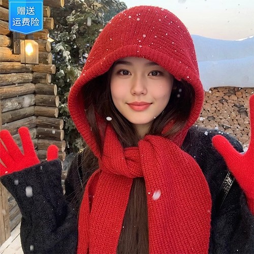 红色巴拉克拉法帽女秋冬季保暖毛线帽子围巾一体连帽围脖针织帽冬