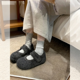 内增高毛呢料配大衣勃肯棉鞋 2025年新款 子 女冬毛毛鞋 加绒玛丽珍鞋