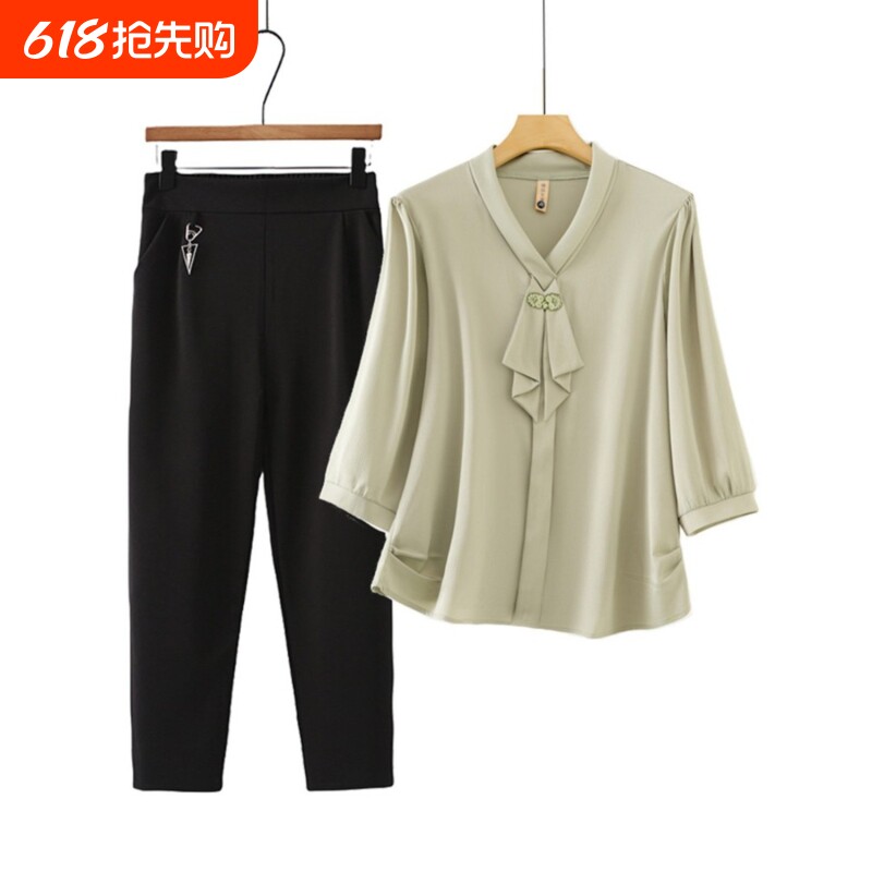中年妈妈春装T恤套装时尚洋气中袖雪纺小衫夏季衬衫春秋气质上衣