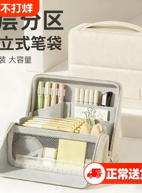 可立式笔袋大容量男孩款初中生高颜值ins风简约文具盒2025铅笔袋小学生儿童文具袋收纳包磁吸帆布分区蓝色