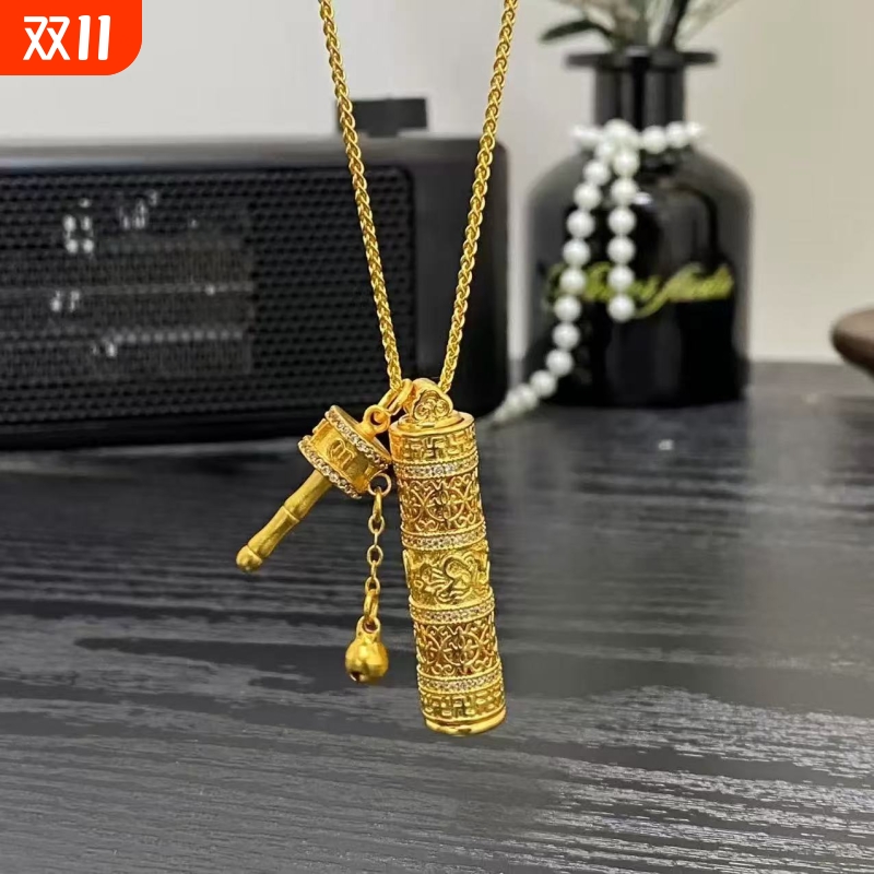 韦雪同款随身佛项链金刚杵古法黄金色吊坠情侣毛衣链新中式质感潮