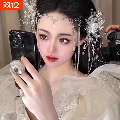 新娘头饰仙气眉心坠蝴蝶结流苏珍珠发夹女仙美森系水晶流苏发饰品