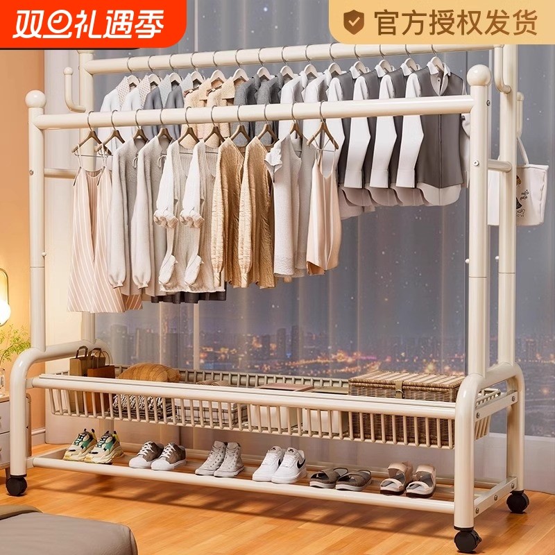 挂衣架卧室落地家用双杆晾衣服架子可移动网篮收纳置物房间衣帽架