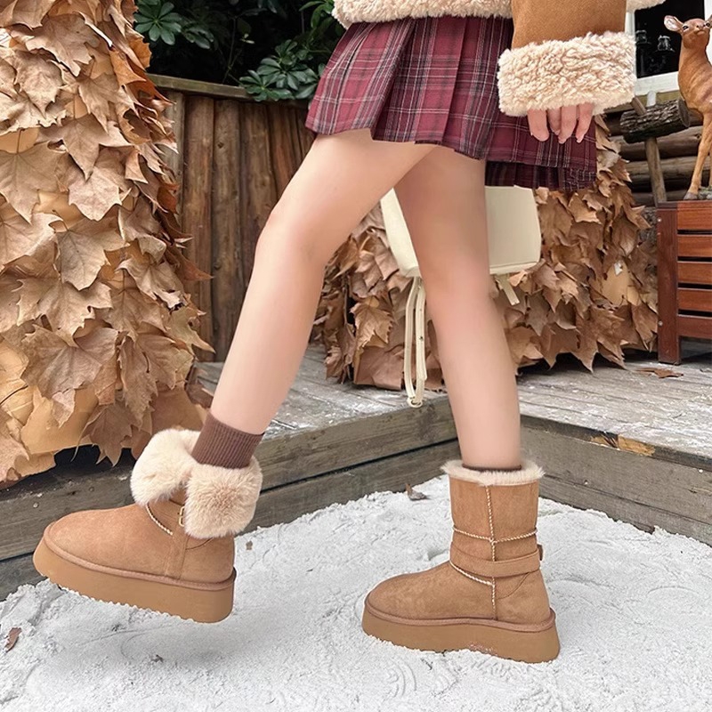 皮毛一体厚底中筒雪地靴女2025新款冬季两穿加绒加厚东北雪地棉鞋