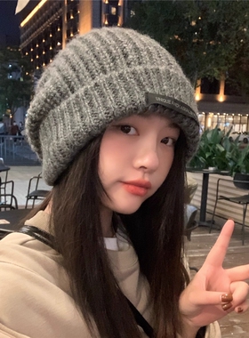 女秋冬时尚百搭贴布大头围粗毛线帽显脸小保暖针织帽冷帽灰色黑色