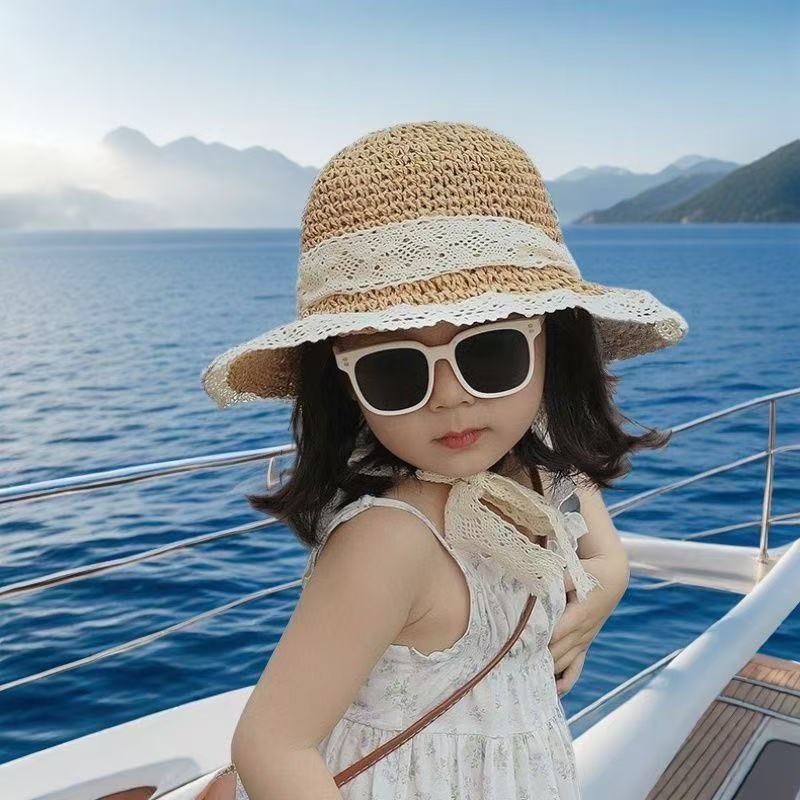 儿童帽子女童草帽夏季女孩夏天女宝防晒渔夫帽透气宝宝沙滩遮阳帽