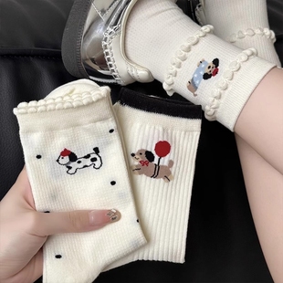 秋天 爆款 可爱小狗袜子女中筒袜春秋季 白色花边日系ins潮2025新款