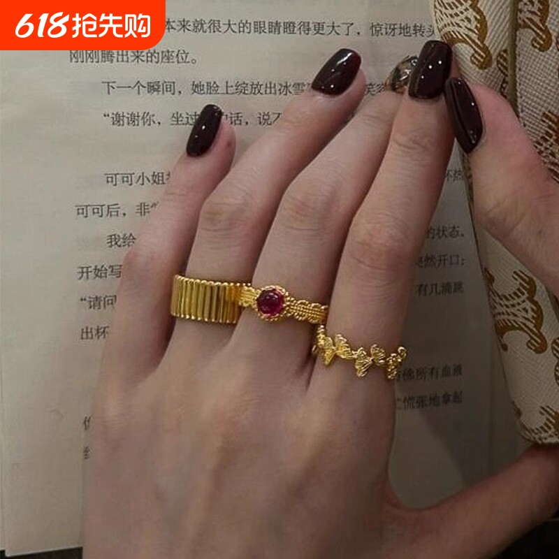 新中式复古红色镶嵌戒指高级感戒指轻奢宫廷红宝手饰品开口可调节
