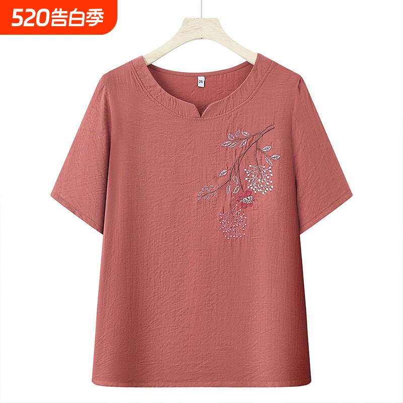 中年妈妈夏季短袖棉麻T恤中老年人宽松女款休闲洋气薄款上衣老人