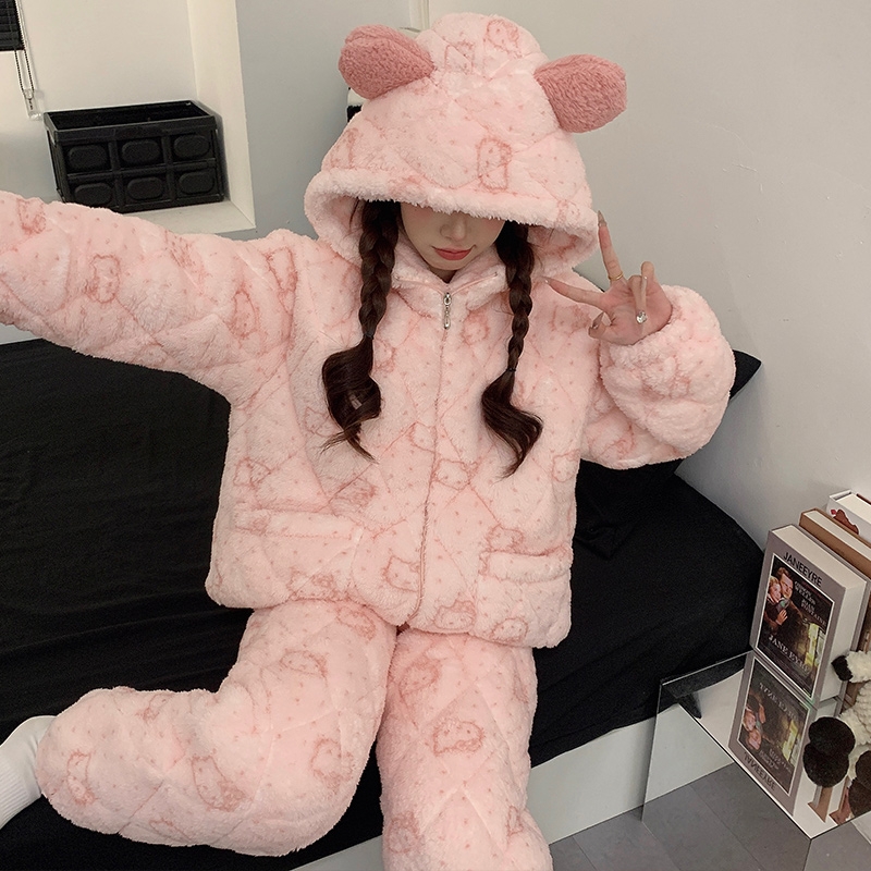 睡衣女款2025新款秋冬季三层夹棉