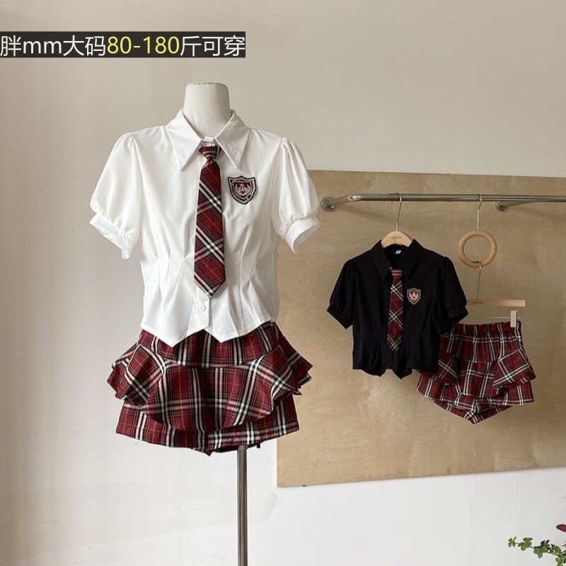 辣妹大码显瘦短袖T恤jk领带上衣高腰格子半身短裙学院风套装衬衫