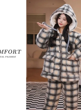 睡衣女冬季三层夹棉加厚加绒珊瑚绒连帽女士可外穿冬天家居服红色