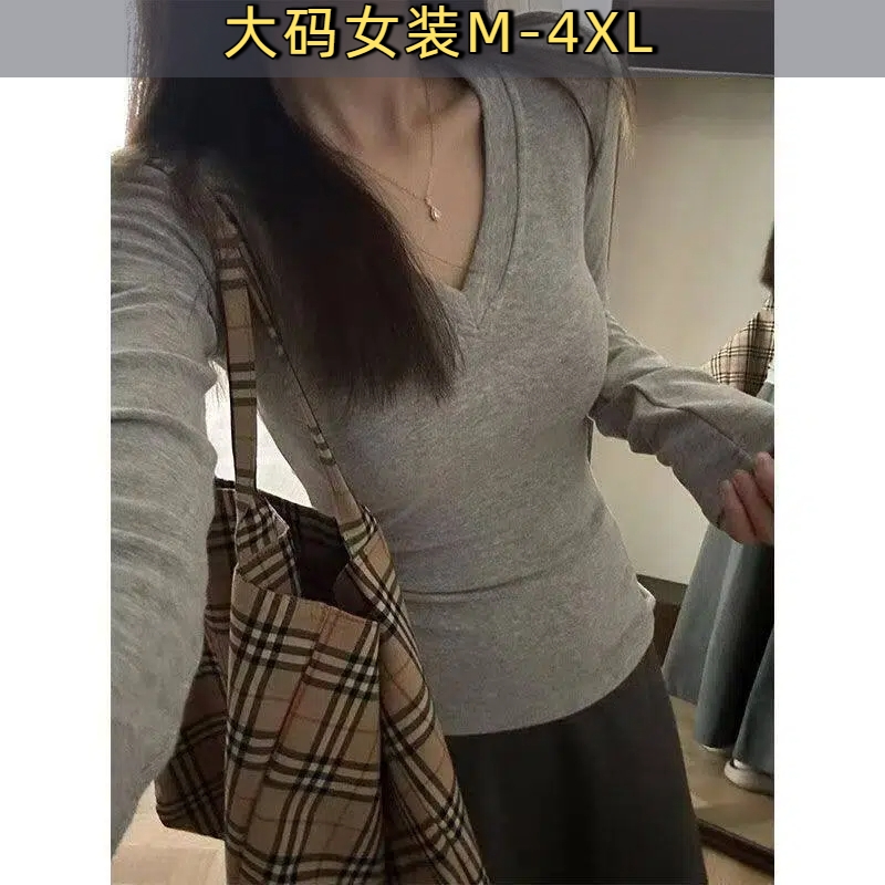 秋冬新款美式正肩V领长袖T恤女德绒大码减龄百搭保暖加绒上衣服D