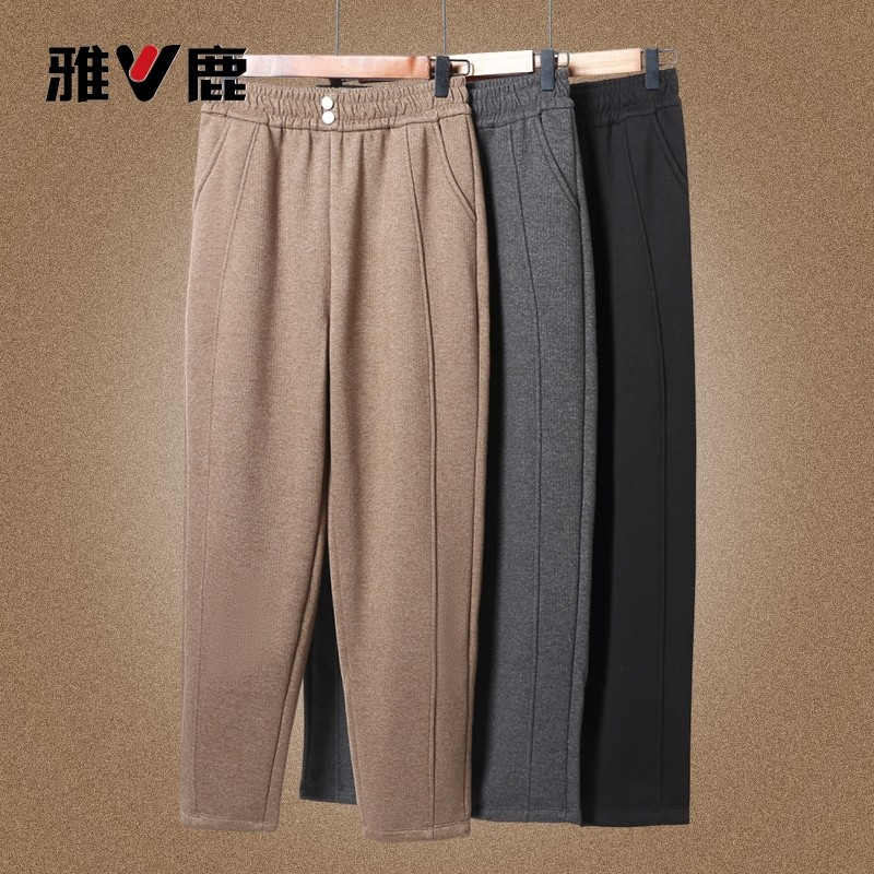 雅鹿妈妈裤子秋冬装松紧腰长裤中老年人女奶奶加绒裤子加厚小脚裤