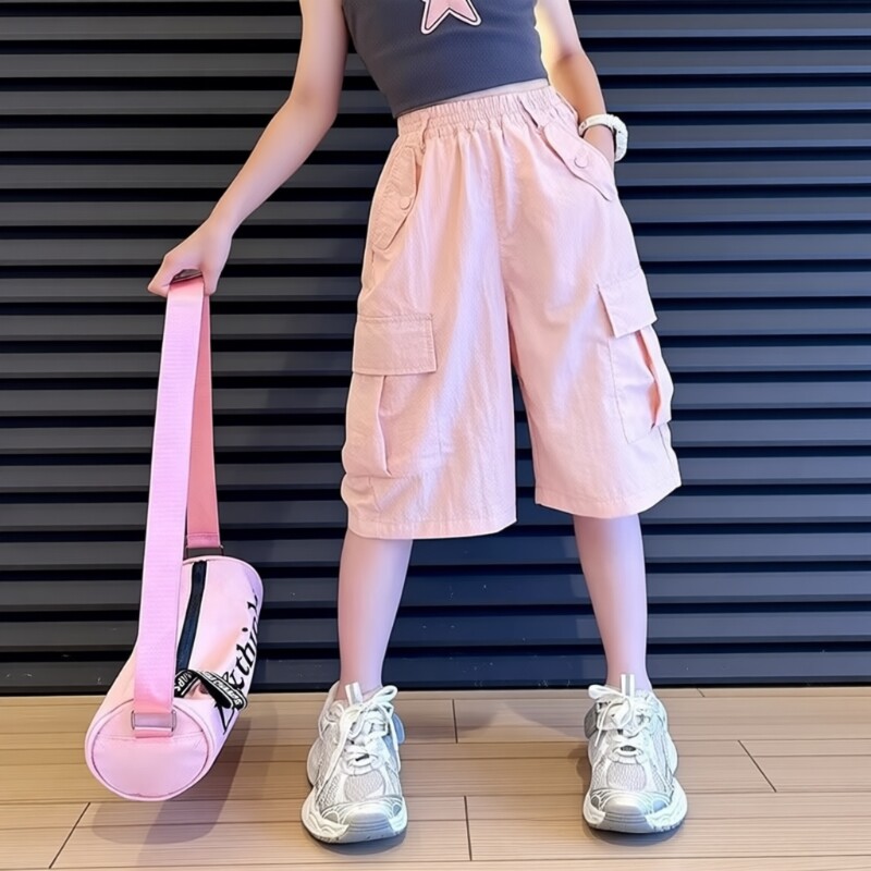 女童裤子夏中裤2026新款中大儿童粉色五分工装裤洋气宽松短裤夏装