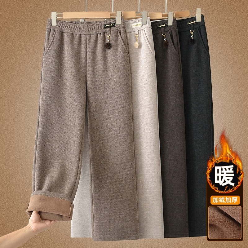 妈妈秋冬毛呢直筒裤洋气中老年人女裤阔腿裤冬季加绒加厚长裤黑色