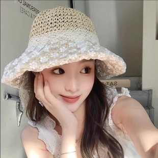 草帽女新款 出游防晒帽大檐沙滩遮阳帽 日系小清新蕾丝草编帽子夏季