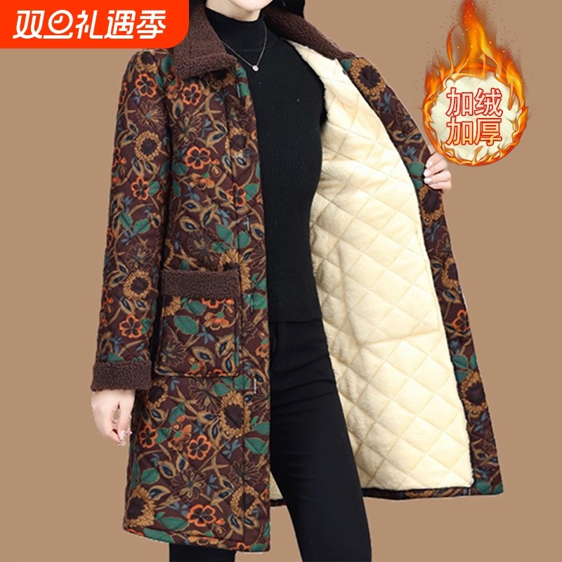 中老年人棉衣女加绒加厚妈妈装冬季新款中长款花棉袄奶奶外套加绒