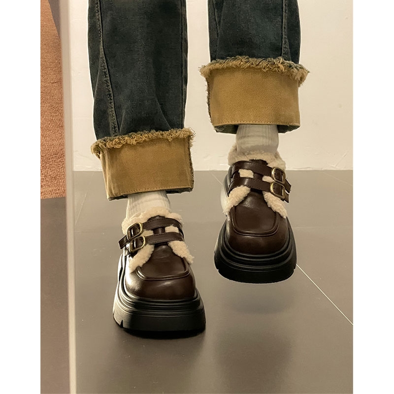 小皮鞋女加绒2025冬季新款保暖毛毛鞋子女乐福鞋棉鞋雪地靴子英伦