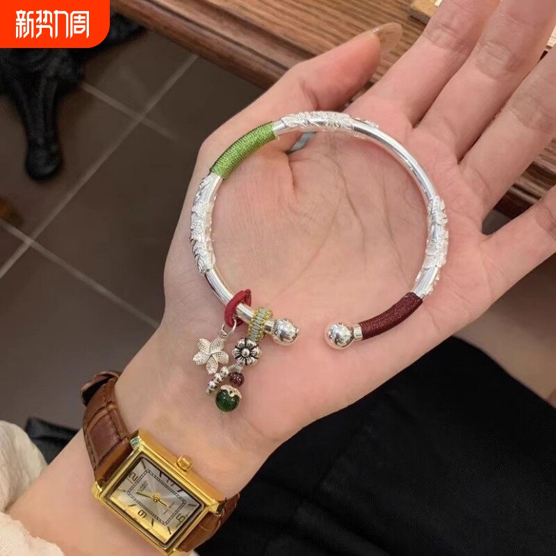 幂琳2026新款碧玉繁花开口纯银手镯女s999足银镯子实心南瓜推