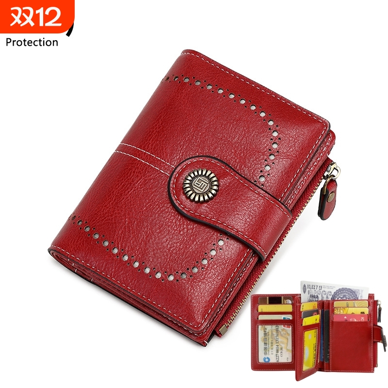 新款RFID防盗刷女士零钱包多卡位搭扣皮夹欧美时尚短款拉链高级感