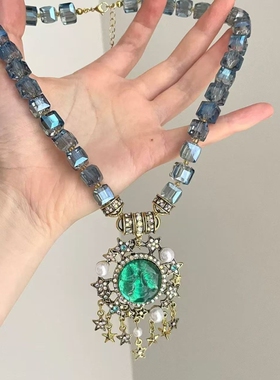 复古vintage彩色太阳神串珠项链女小众个性设计感锁骨链