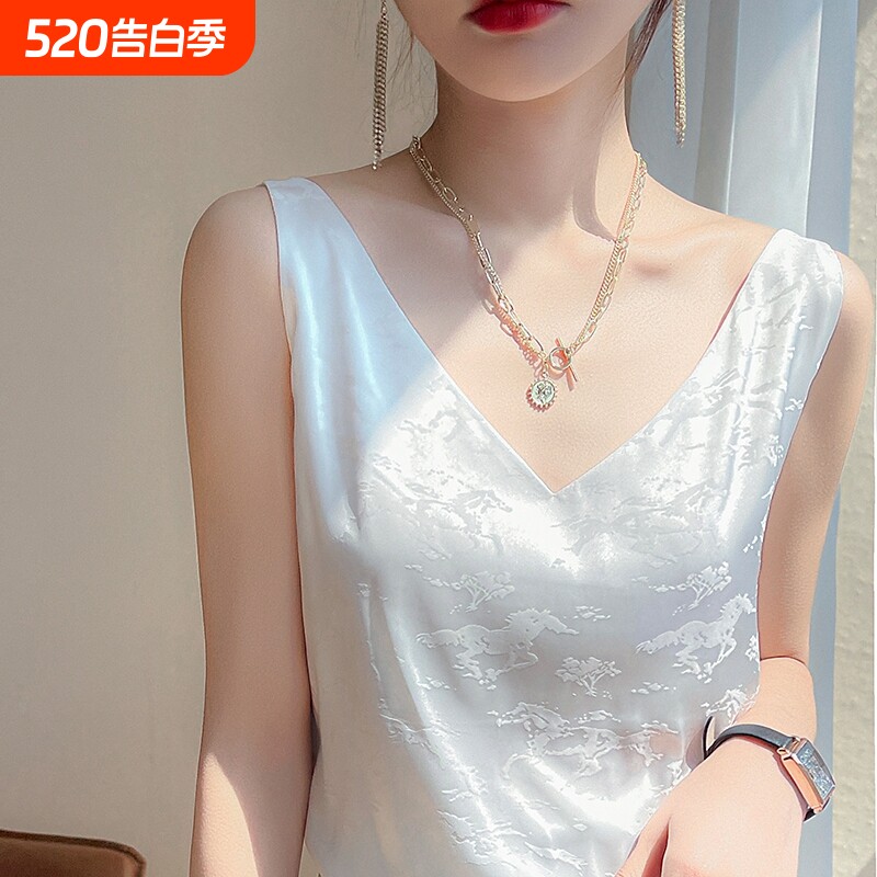 真丝吊带背心女桑蚕丝上衣黑色打底缎面V领夏季外穿白色时髦法式
