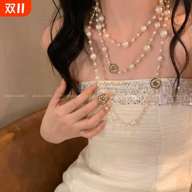 法式山茶花珍珠长款项链女2025年新款海边度假叠戴颈链晚礼服配饰