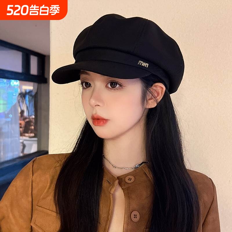 新款贝雷帽八角帽帽子女秋冬显脸小鸭舌大头围法式复古黑色报童潮