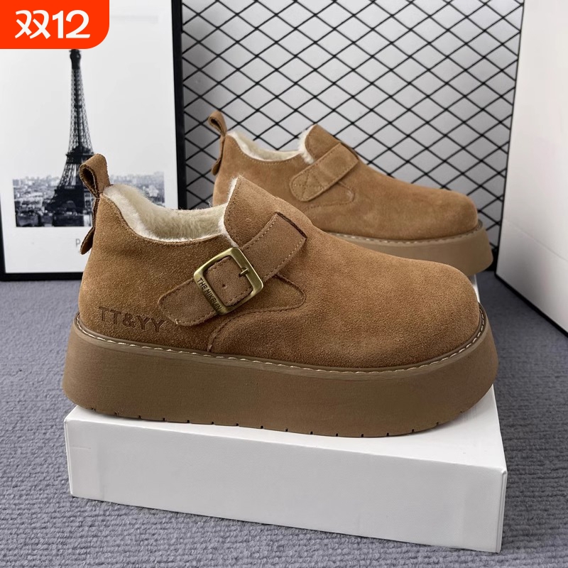 厚底全包勃肯鞋女鞋子加绒保暖雪地靴2025新款冬季乐福鞋棉鞋皮鞋