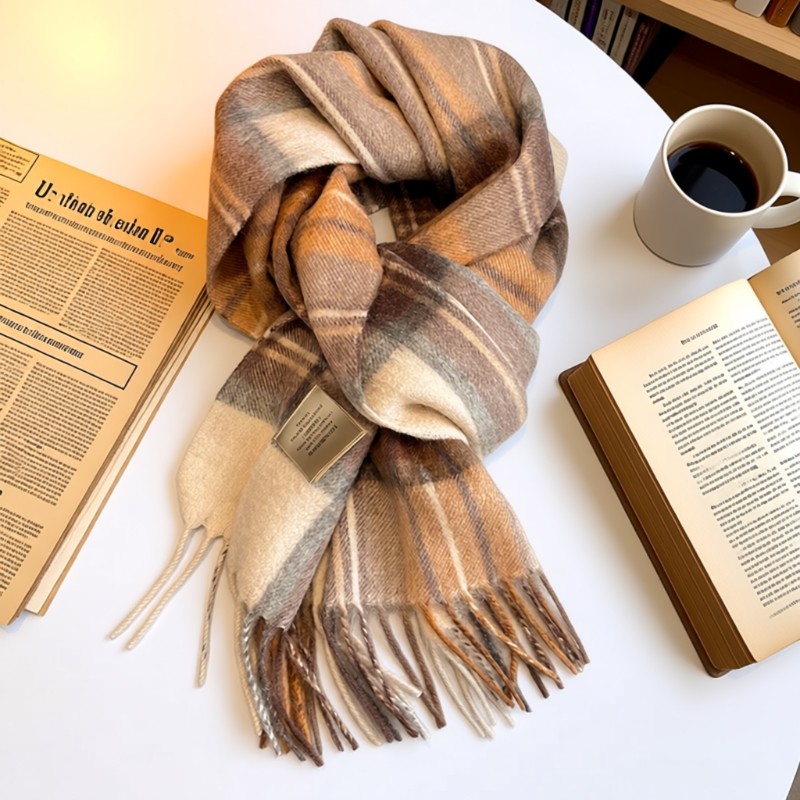 2025纯羊毛格纹围巾英伦男女冬季保暖高档围脖格子绵羊毛蓝色新年