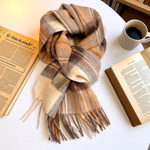 2025纯羊毛格纹围巾英伦男女冬季保暖高档围脖格子绵羊毛蓝色新年