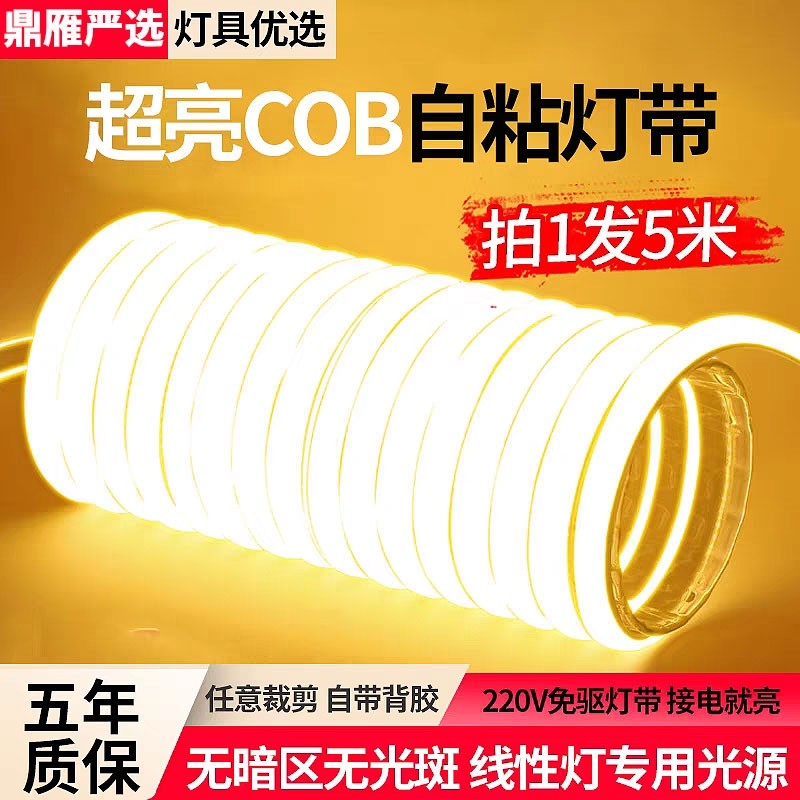 鼎雁led灯带220v防水超亮自粘线形灯槽客厅吊顶氛围COB户外软灯条