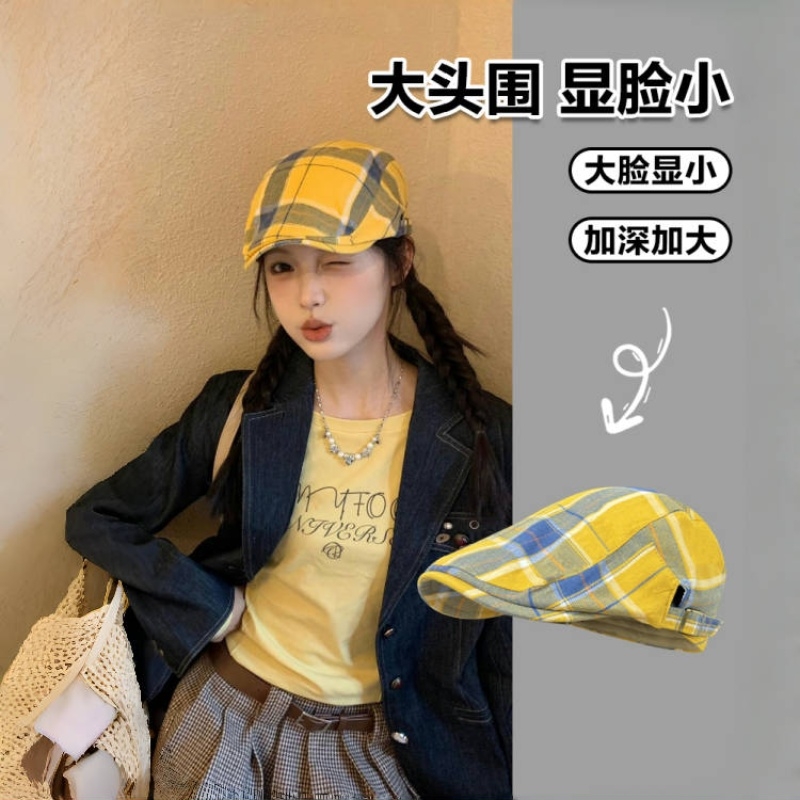 多巴胺日系复古前进帽大头围黄色格子美式复古贝雷帽大码报童帽