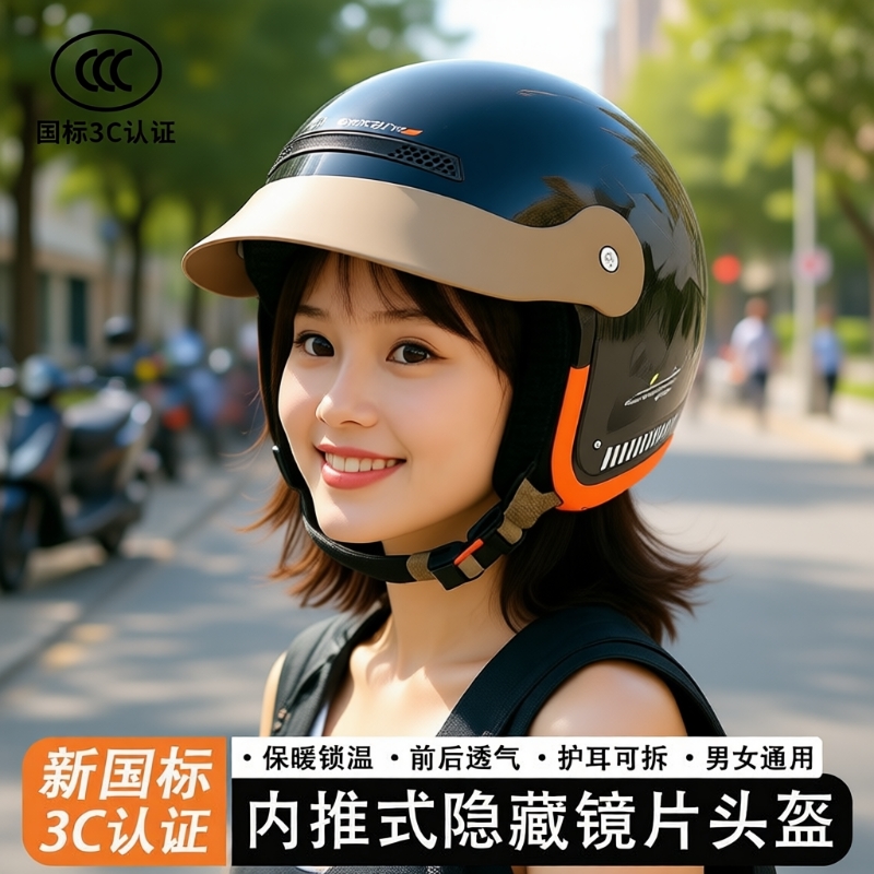 3C认证电动摩托车头盔内推式男女四季通用半盔冬季保暖骑行安全帽