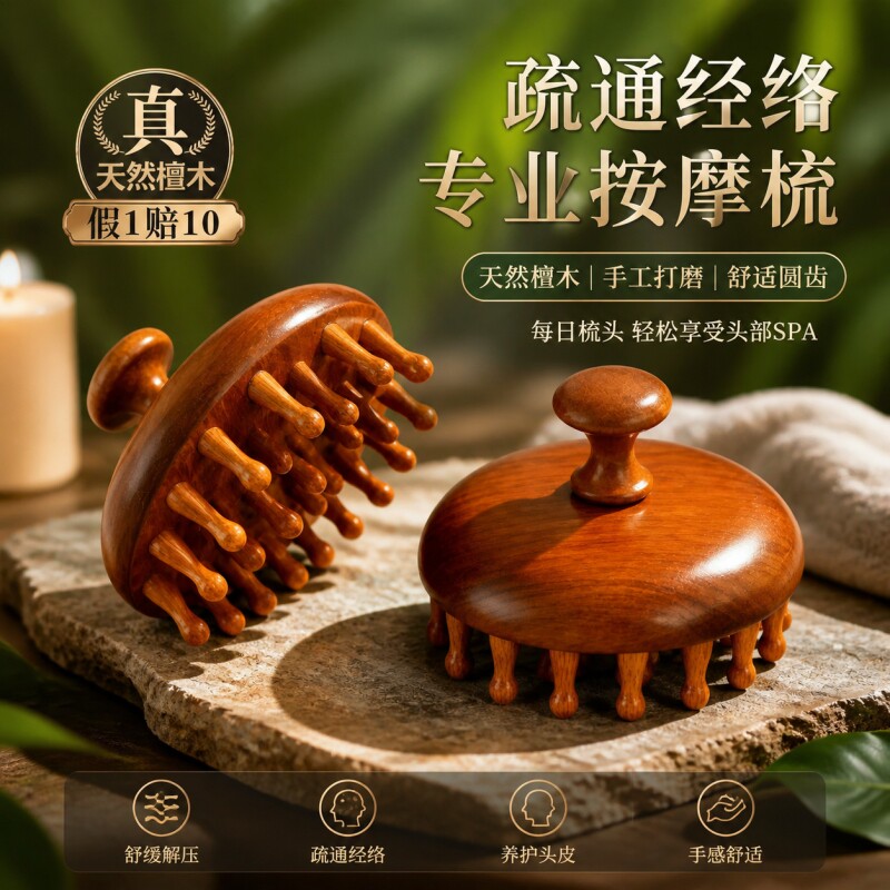 高端檀木圆盘洗头梳头皮按摩梳头部经络疏通神器头疗养发木梳子