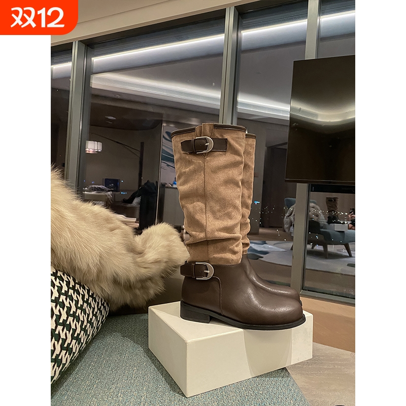 马思纯同款~增高4/7cm时髦圆头拼接粗跟骑士长筒靴女堆堆短靴中筒