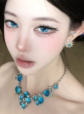 蓝色闪钻花朵项链女2026新款轻奢精致独特小众高级重工锁骨链配饰