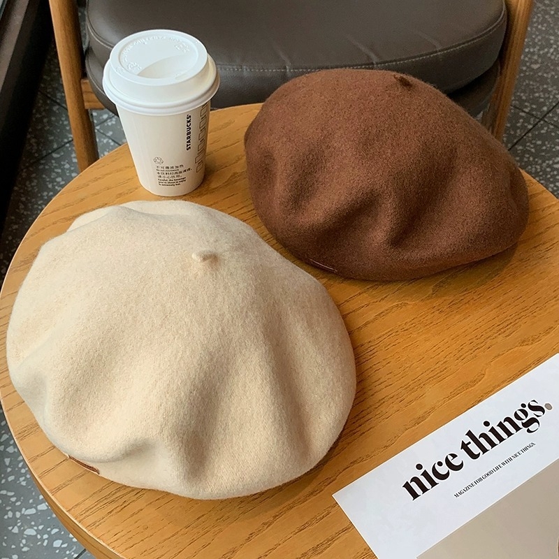 日韩石原里美同款贝雷帽皮标百搭羊毛贝雷帽女秋冬复古画家帽子