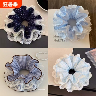 发圈韩系蓝色格子蕾丝大肠女高级感丸子头慵懒风超大发饰头绳花朵