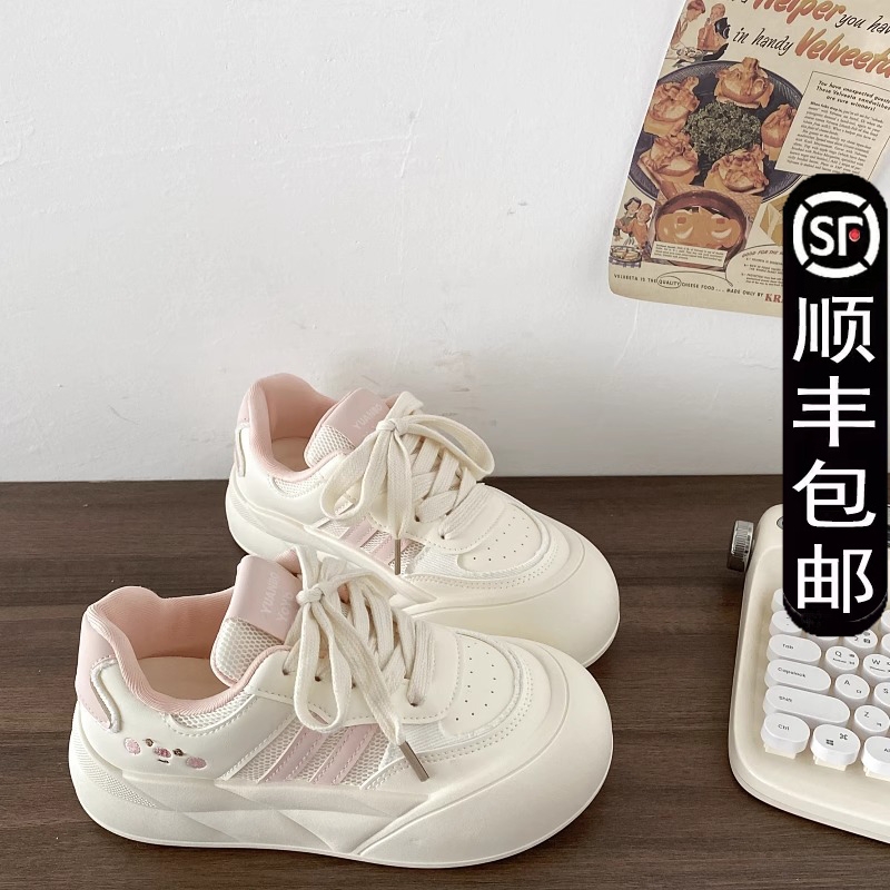可爱小熊网面板鞋女款2025新款夏季透气厚底小白鞋休闲面包鞋圆头