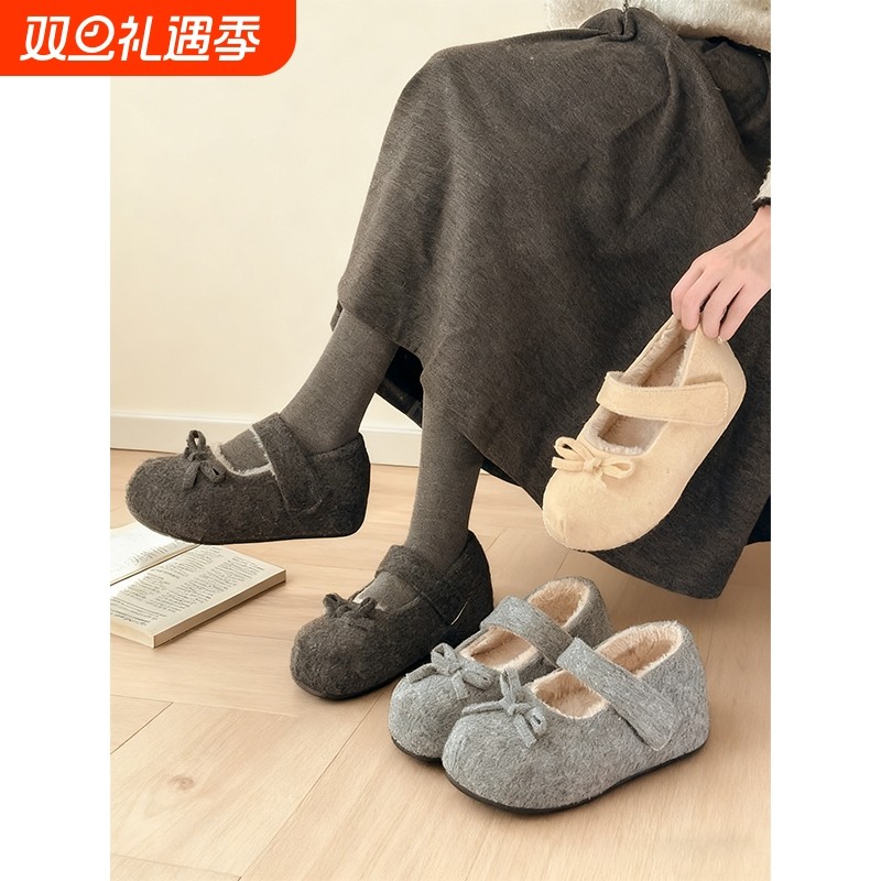 5CM内增高毛毛鞋女外穿秋冬季新款魔术贴玛丽珍棉鞋加绒勃肯鞋子