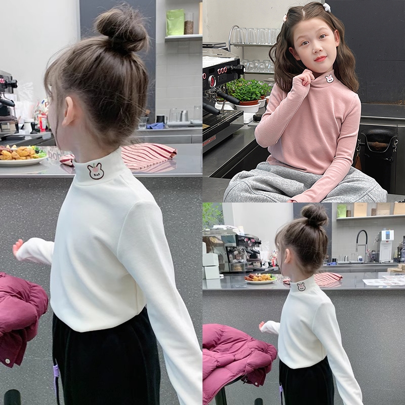 女童加绒打底衫2024秋冬装新款儿童德绒内搭白色洋气半高领长袖