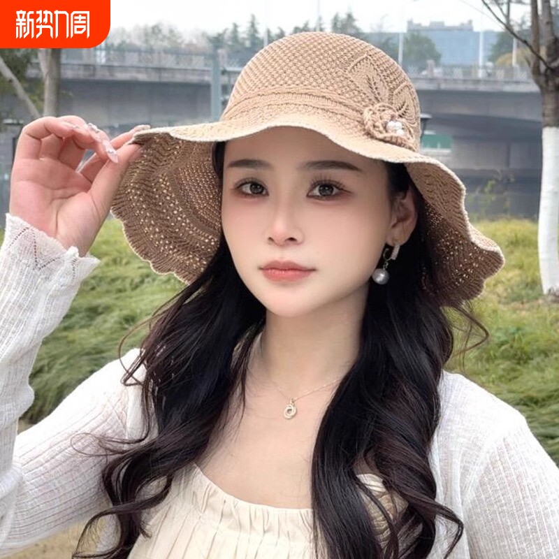 2026新款波浪帽子女遮阳帽防紫外线夏季沙滩帽草帽渔夫帽防晒帽女
