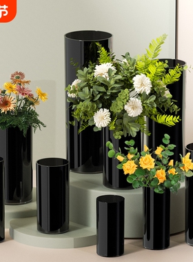 黑色花瓶轻奢小众高级感客厅插花亚克力中古水培创意摆件卧室玄关